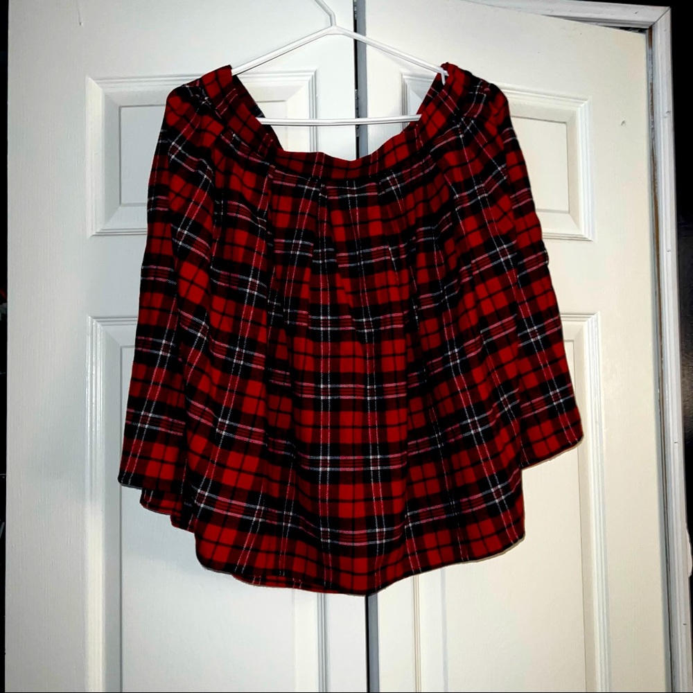 Red and blue plaid, high waisted, pleated mini skirt.